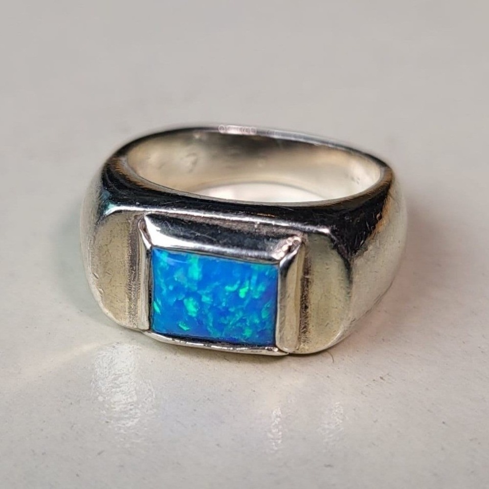Vintage Blue Opal Inlay Signet 925 Sterling Silver Tone Rectangle Stone Ring